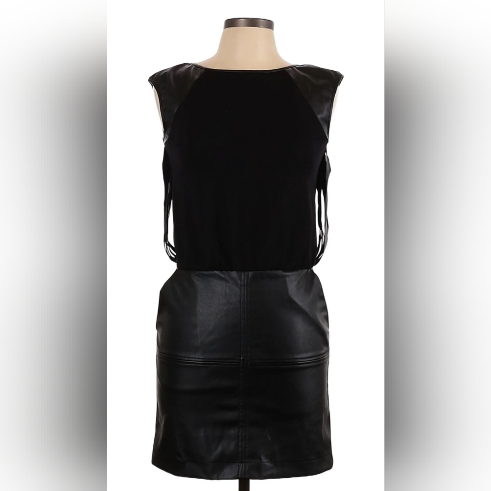 Sleek Black Midi Dress with Faux Leather Accents